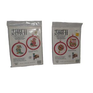 Vtg Tint' N Stitch Ornaments Needle Art, Bears Train Hot Air Balloon #811 #810